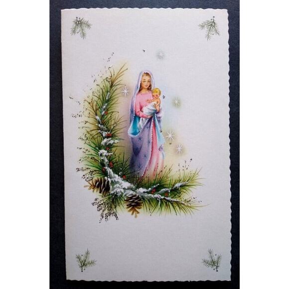 Mid Century Mod Christmas Greeting Card Glitter Mary Baby Jesus Vintage Sunshine - Picture 2 of 5